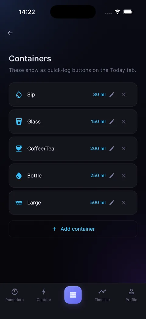Hydration containers screen