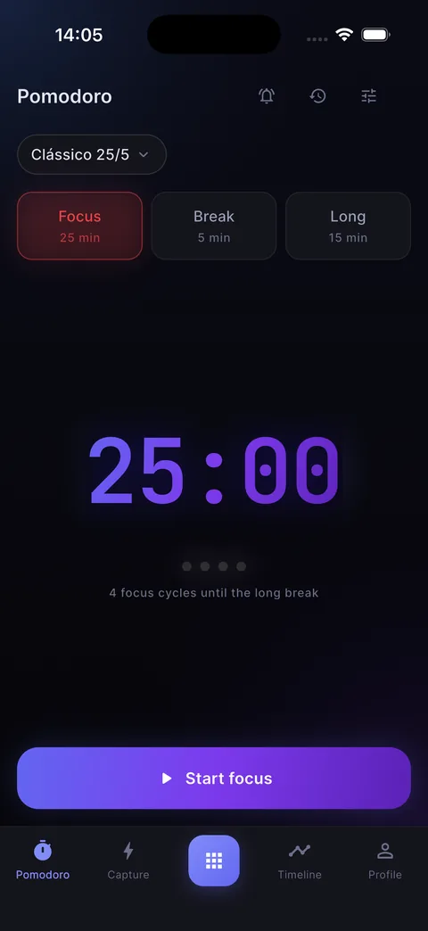 Focus screen: Pomodoro timer at 25:00