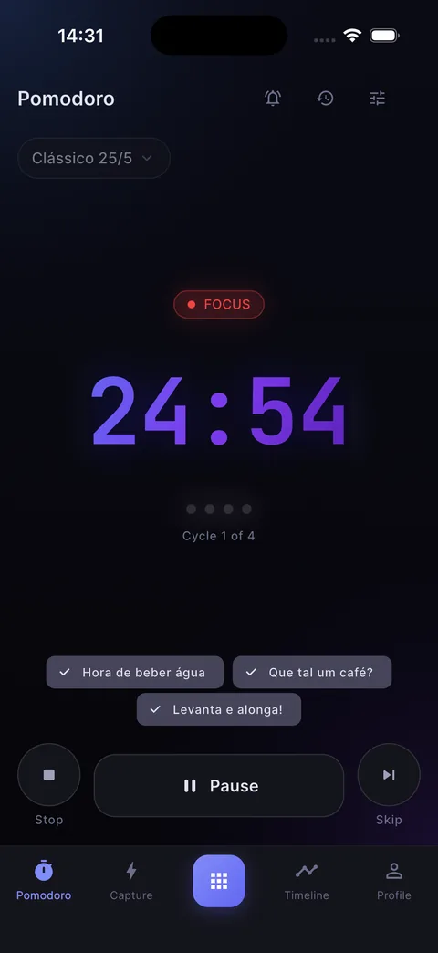 Focus screen with the timer running