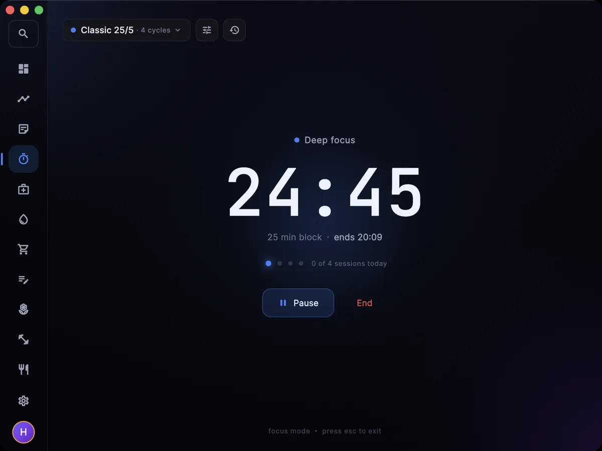 Focus screen on the Mac: a 25-minute block running