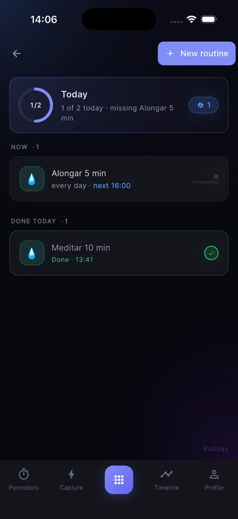 Routines screen: 1 of 2 habits done today
