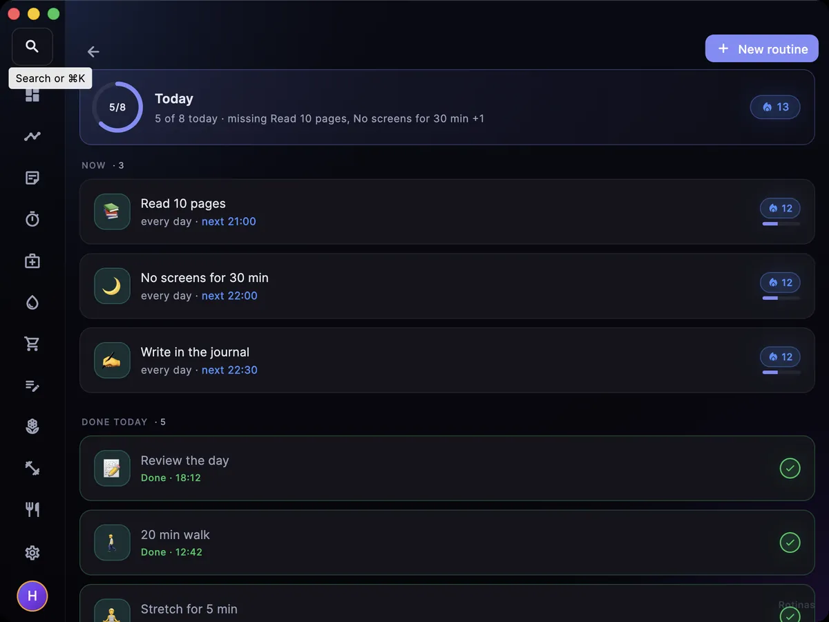 Routines screen on the Mac: 5 of 8 done today