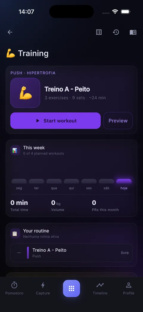 Training screen: chest workout with 3 exercises