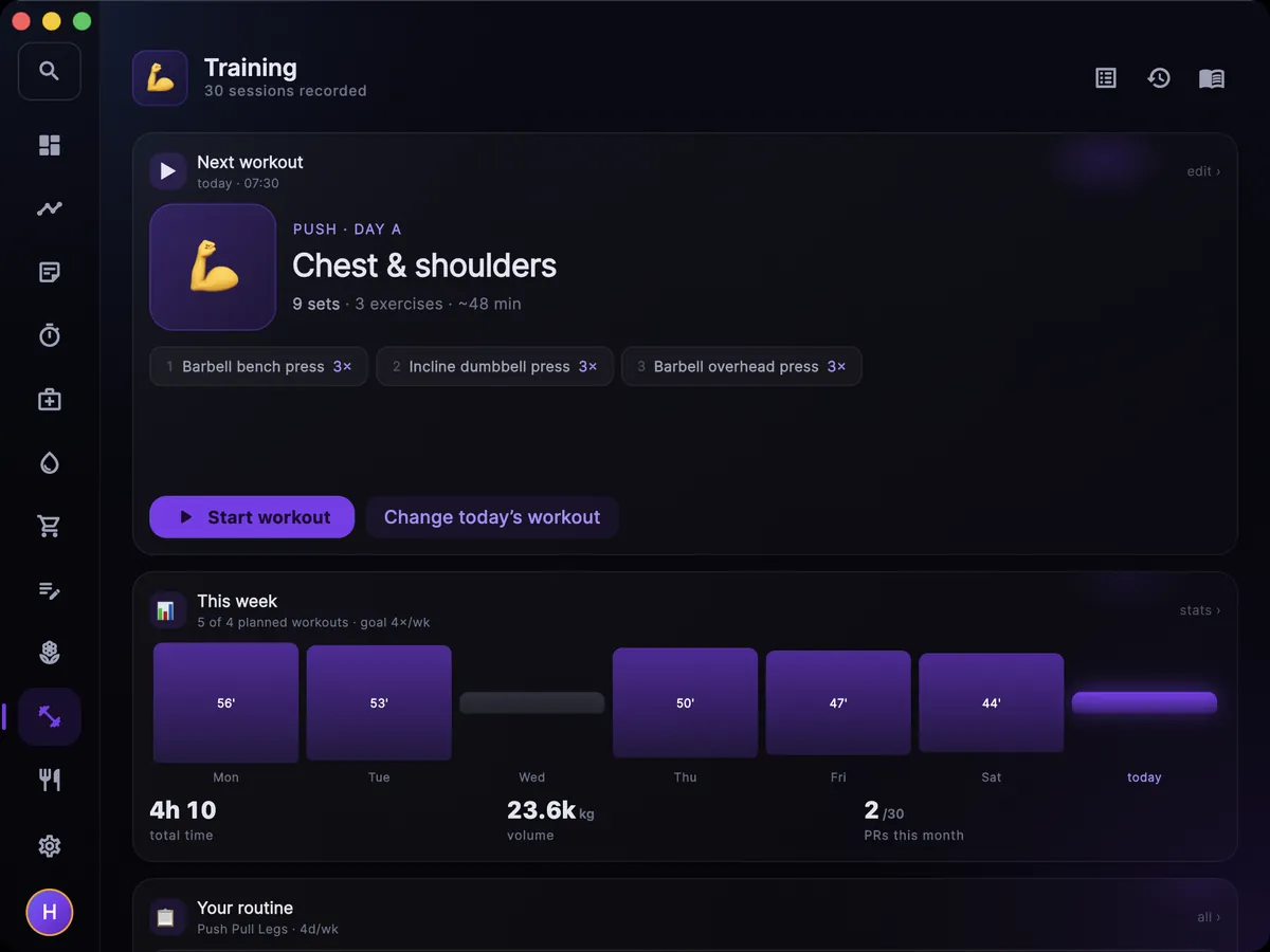 Training screen on the Mac: next workout, week and volume