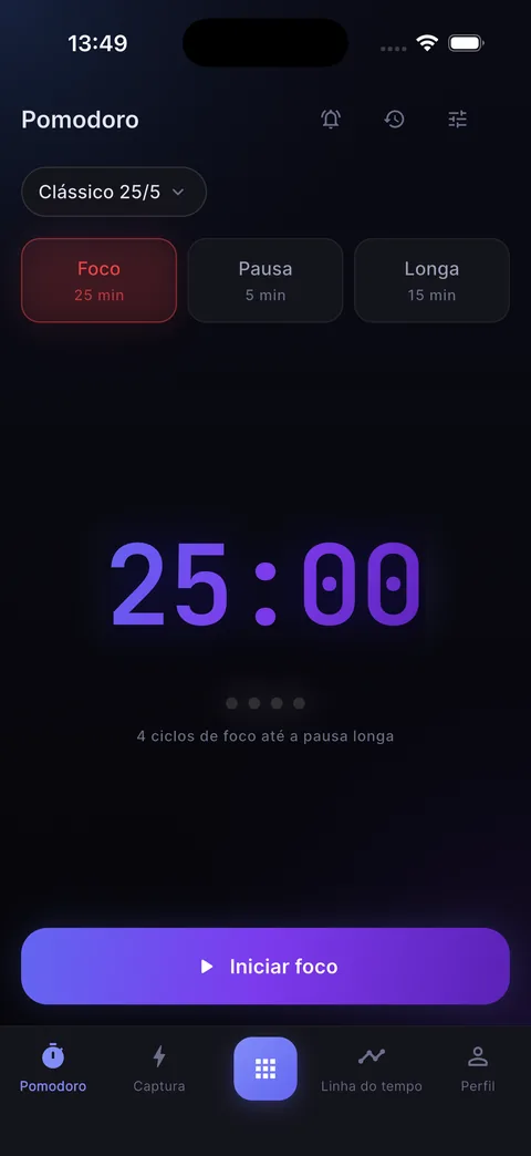 Tela de Foco: timer Pomodoro em 25:00