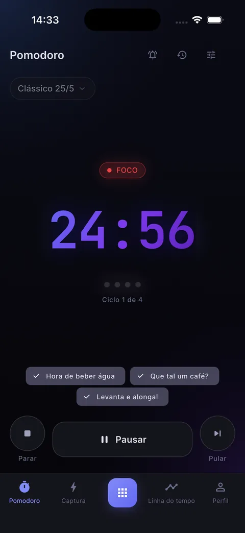 Tela de Foco com o timer rodando