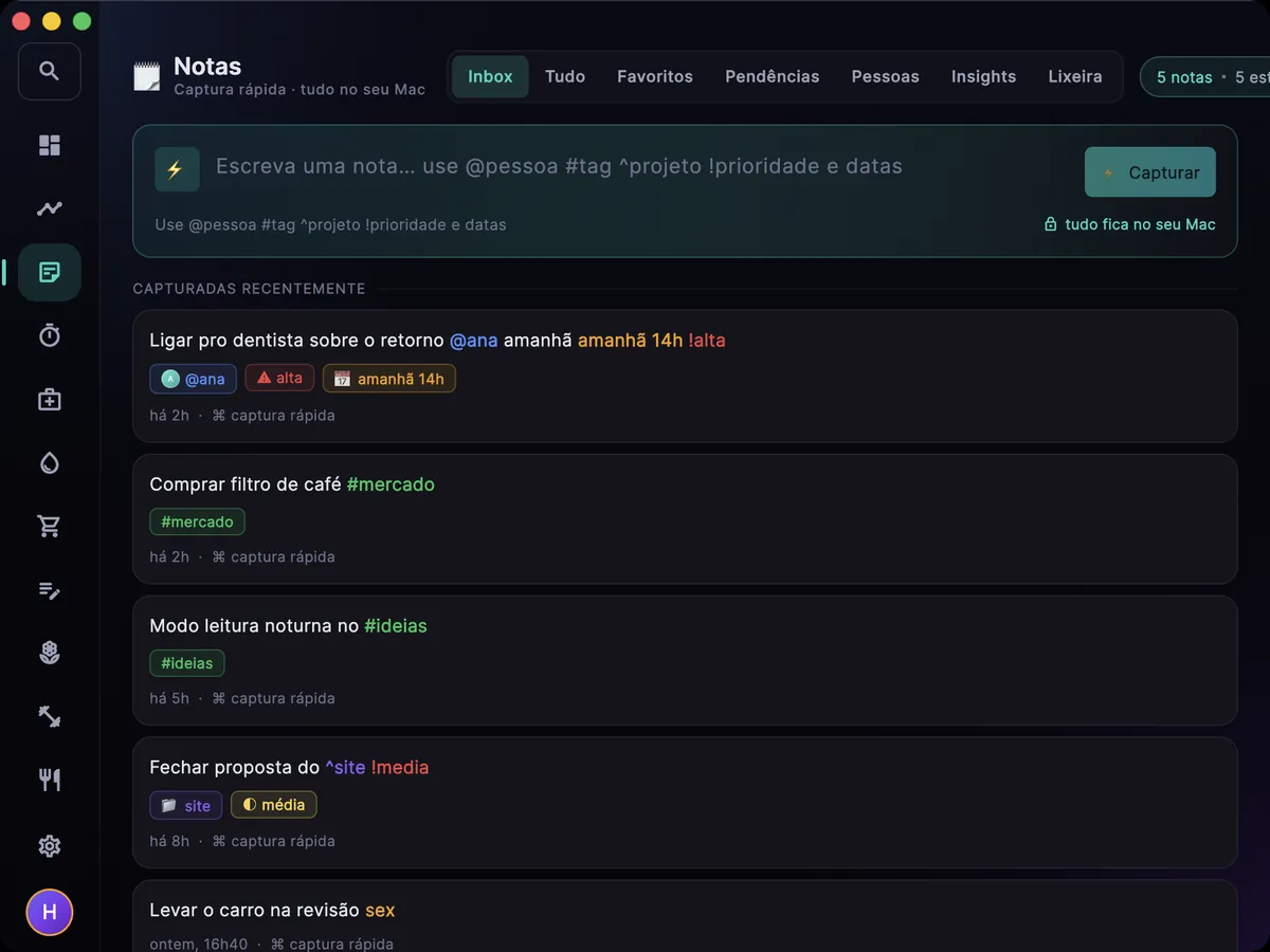Tela de Notas no Mac: captura rápida e notas recentes