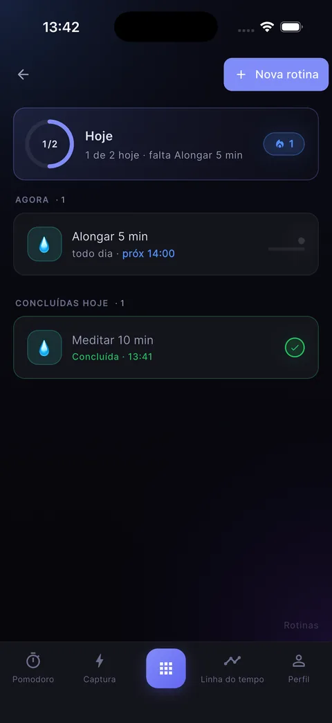 Tela de Rotinas: 1 de 2 hábitos concluídos hoje
