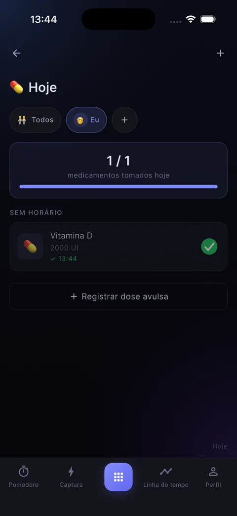 Tela de Saúde: medicamento do dia tomado
