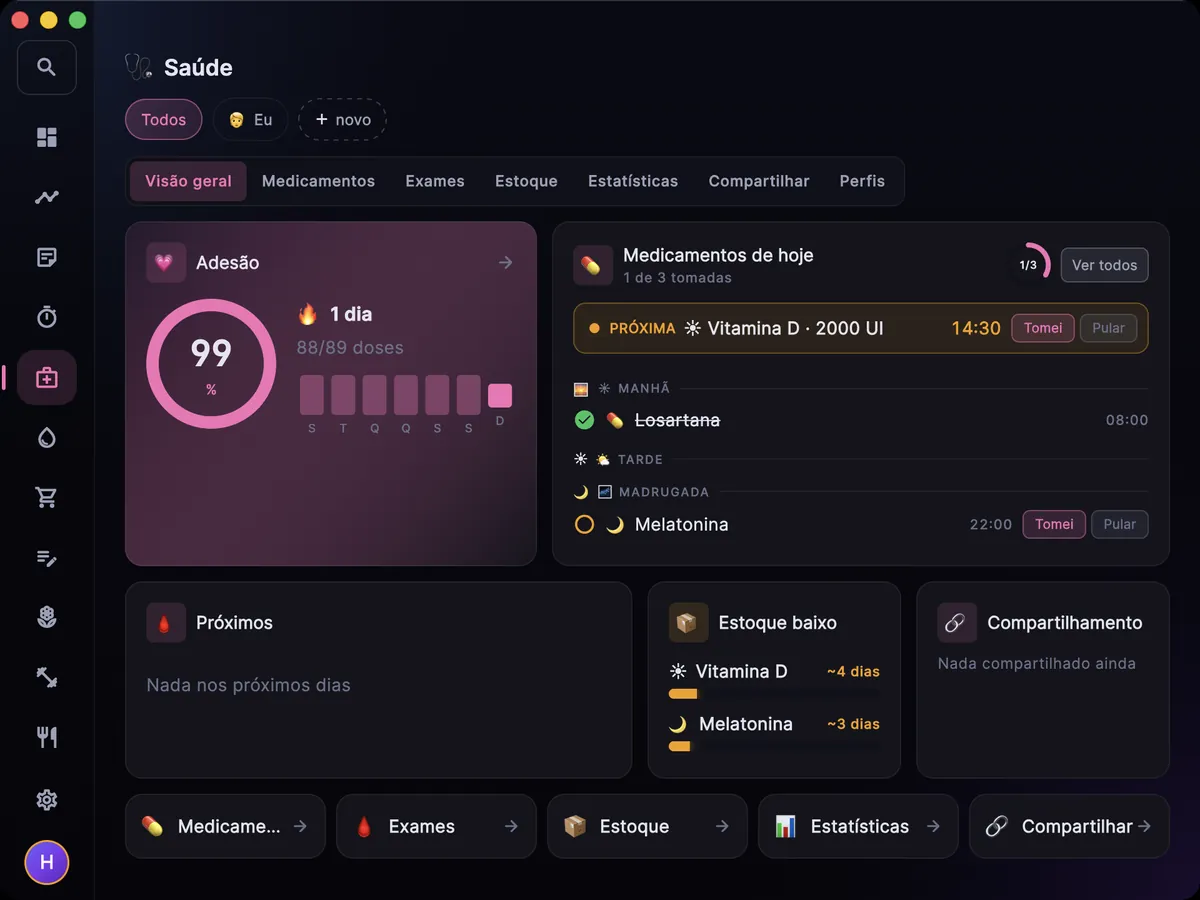Tela de Saúde no Mac: adesão, doses de hoje e estoque