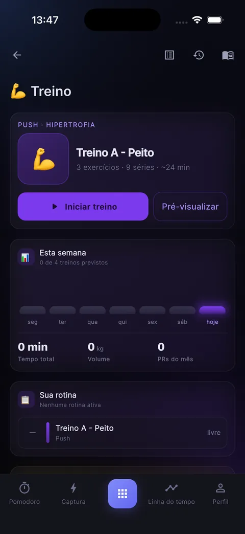 Tela de Treino: treino de peito com 3 exercícios