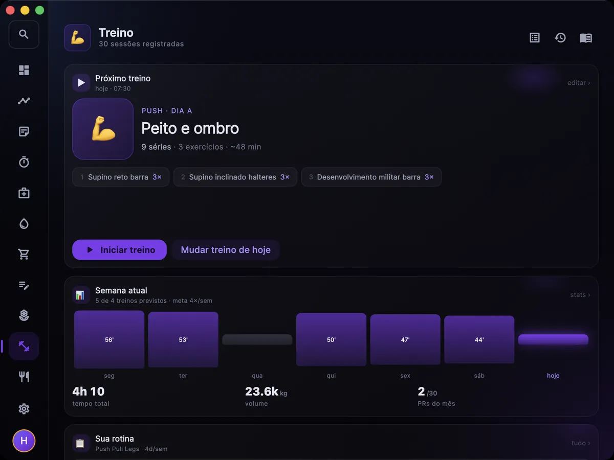 Tela de Treino no Mac: próximo treino, semana e volume